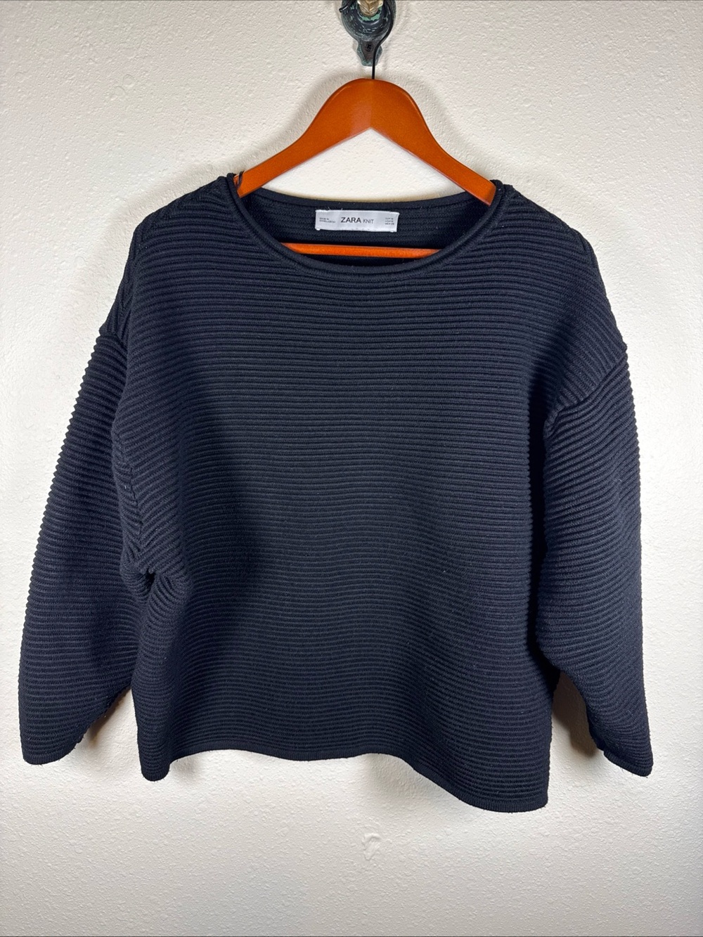 Zara Chunky Knit Ribbed Boxy Sweater M Black Oversized Minimalist